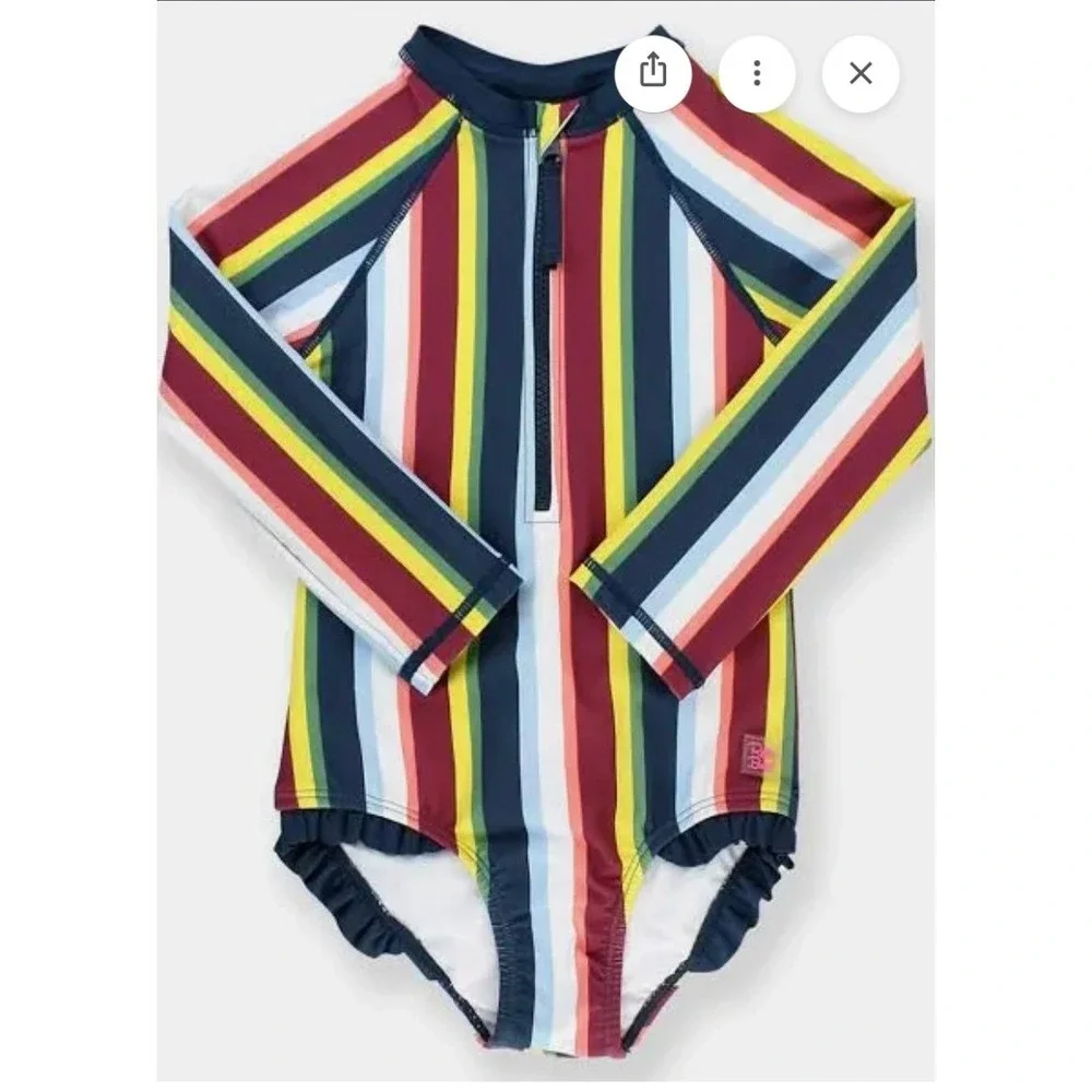 RuffleButts Girls Sunset Stripe LS One Piece Rash Guard Swim 16 NEW - flaws
